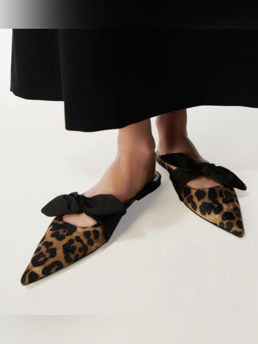 Zara Leopard Print Pointed Mule with Black Bow